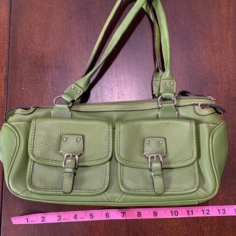 Fossil Green Leather Shoulder Bag with Buckle Pockets - Picture 3 of 3